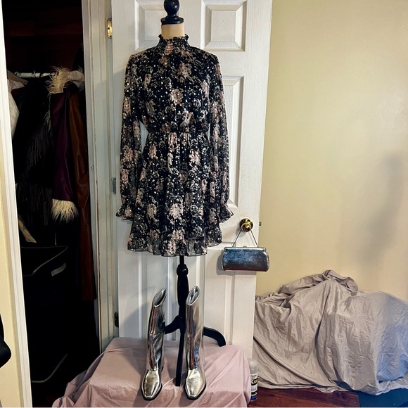 Women’s OPT Floral Fairy Boho Balloon Sleeve Ruffle Metallic Dots Mini Dress L - Picture 1 of 17